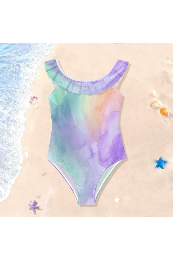 Toddler Girls Ruffle One Piece Swimsuit, Stretchy Fabric for Beach & Pool Activities Mint Peach Lavender Wash