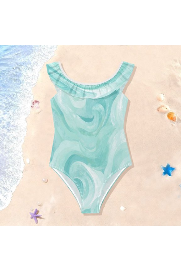 Toddler Girls Ruffle One Piece Swimsuit, Stretchy Fabric for Beach & Pool Activities Mint Swirl Watercolor Print