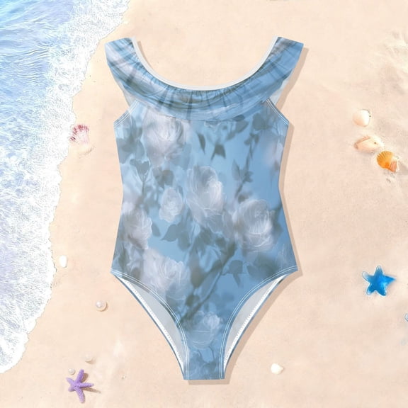 TTYFWHD Toddler Girls Ruffle One Piece Swimsuit, Stretchy Fabric for Beach & Pool Activities Misty Blue Rose Print