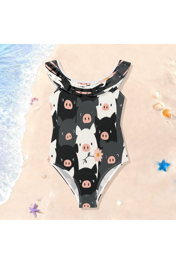 Toddler Girls Ruffle One Piece Swimsuit, Stretchy Fabric for Beach & Pool Activities Monochrome Piggy Crowd