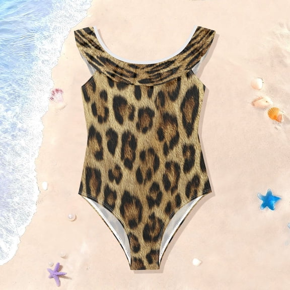 TTYFWHD Toddler Girls Ruffle One Piece Swimsuit, Stretchy Fabric for Beach & Pool Activities Natural Leopard Print