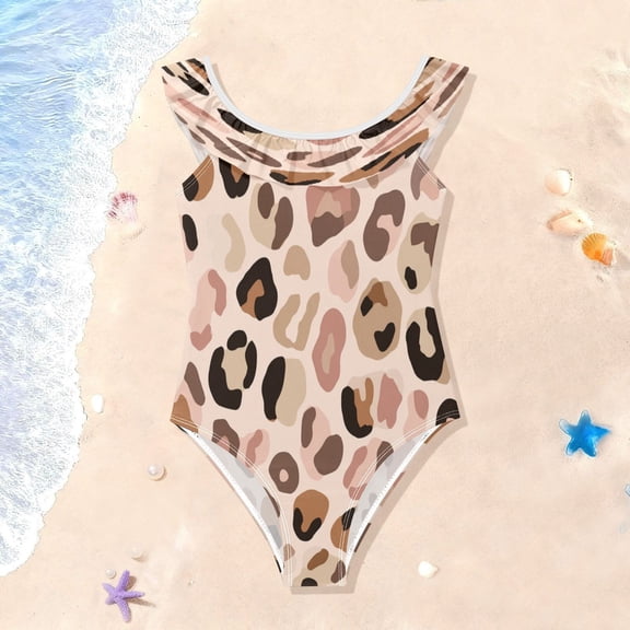 TTYFWHD Toddler Girls Ruffle One Piece Swimsuit, Stretchy Fabric for Beach & Pool Activities Natural Tone Leopard Print