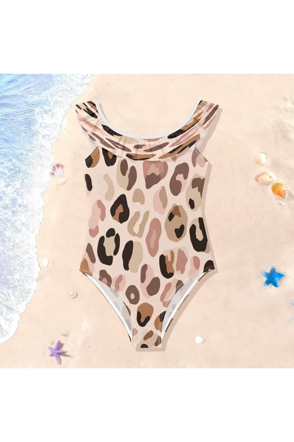 Toddler Girls Ruffle One Piece Swimsuit, Stretchy Fabric for Beach & Pool Activities Natural Tone Leopard Print