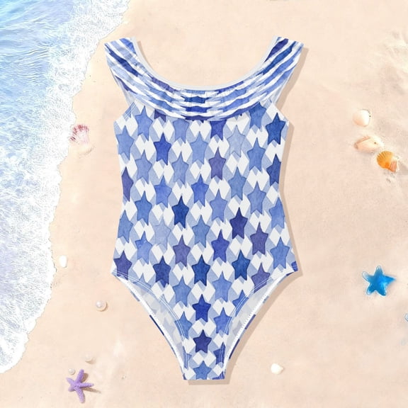 TTYFWHD Toddler Girls Ruffle One Piece Swimsuit, Stretchy Fabric for Beach & Pool Activities Navy Blue Stars