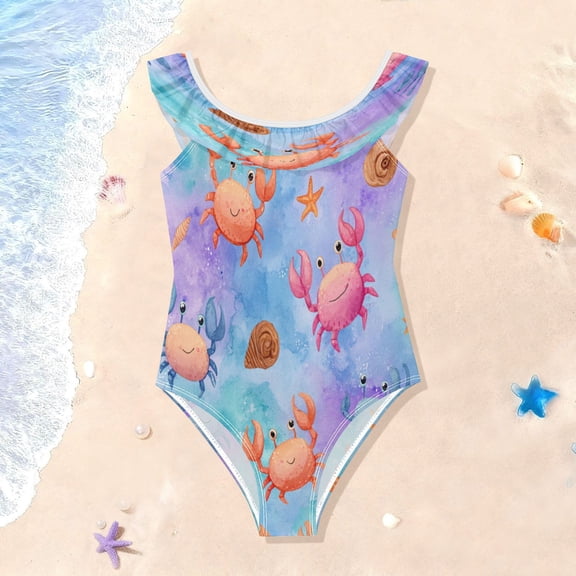 TTYFWHD Toddler Girls Ruffle One Piece Swimsuit, Stretchy Fabric for Beach & Pool Activities Ocean Crab Starfish Pattern