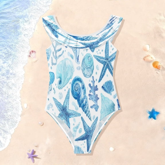 TTYFWHD Toddler Girls Ruffle One Piece Swimsuit, Stretchy Fabric for Beach & Pool Activities Ocean-inspired Sea Creatures Pattern