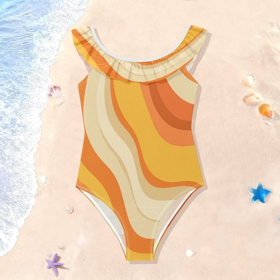 TTYFWHD Toddler Girls Ruffle One Piece Swimsuit, Stretchy Fabric for Beach & Pool Activities Orange Color Clash Pattern