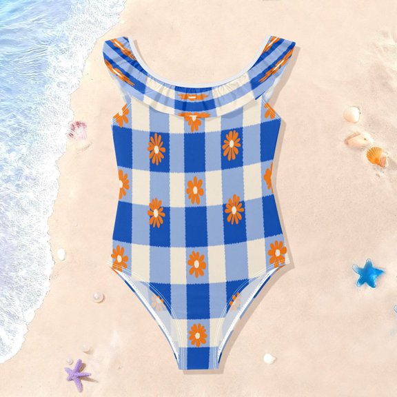 TTYFWHD Toddler Girls Ruffle One Piece Swimsuit, Stretchy Fabric for Beach & Pool Activities Orange Flowers on Checkered Pattern