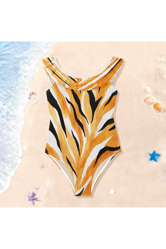 Toddler Girls Ruffle One Piece Swimsuit, Stretchy Fabric for Beach & Pool Activities Orange Watercolor Tiger Stripes