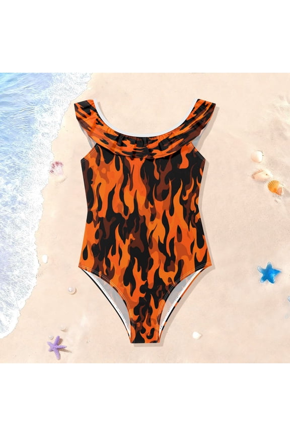 Toddler Girls Ruffle One Piece Swimsuit, Stretchy Fabric for Beach & Pool Activities Orange and Black Flames