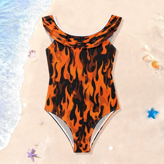 TTYFWHD Toddler Girls Ruffle One Piece Swimsuit, Stretchy Fabric for Beach & Pool Activities Orange and Black Flames
