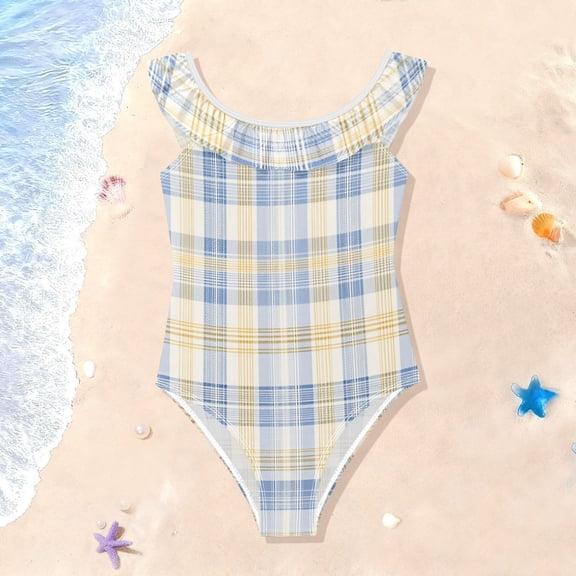 TTYFWHD Toddler Girls Ruffle One Piece Swimsuit, Stretchy Fabric for Beach & Pool Activities Pale Blue-and-yellow Tartan