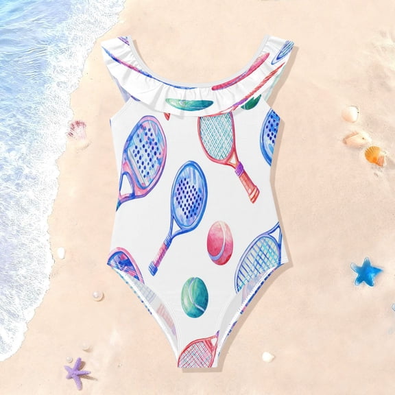 TTYFWHD Toddler Girls Ruffle One Piece Swimsuit, Stretchy Fabric for Beach & Pool Activities Pastel Court Sports Tile