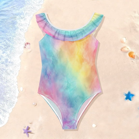 TTYFWHD Toddler Girls Ruffle One Piece Swimsuit, Stretchy Fabric for Beach & Pool Activities Pastel Rainbow Tie-dye Pattern