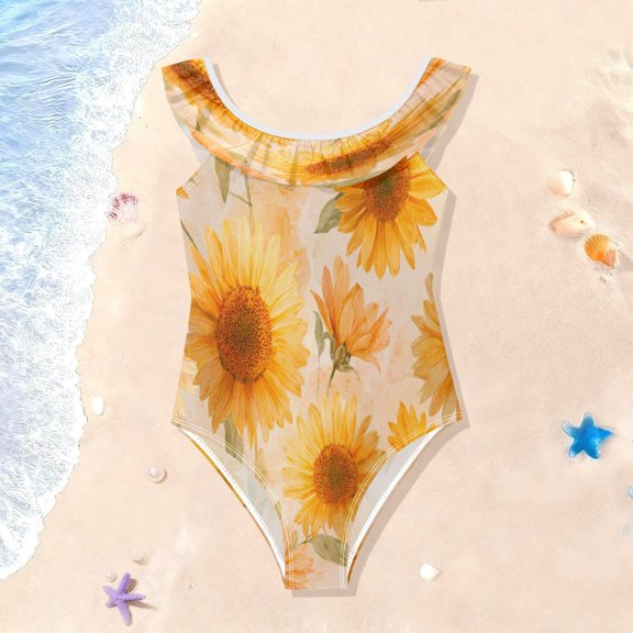 TTYFWHD Toddler Girls Ruffle One Piece Swimsuit, Stretchy Fabric for Beach & Pool Activities Pastel-toned Sunflowers Pattern