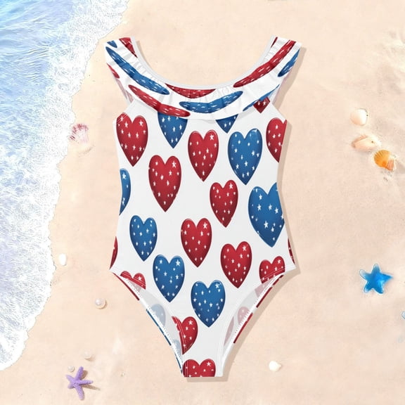 TTYFWHD Toddler Girls Ruffle One Piece Swimsuit, Stretchy Fabric for Beach & Pool Activities Patriotic Star Hearts Print