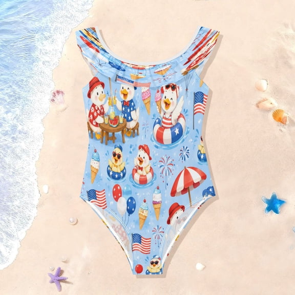 TTYFWHD Toddler Girls Ruffle One Piece Swimsuit, Stretchy Fabric for Beach & Pool Activities Patriotic Summer Ducks Design