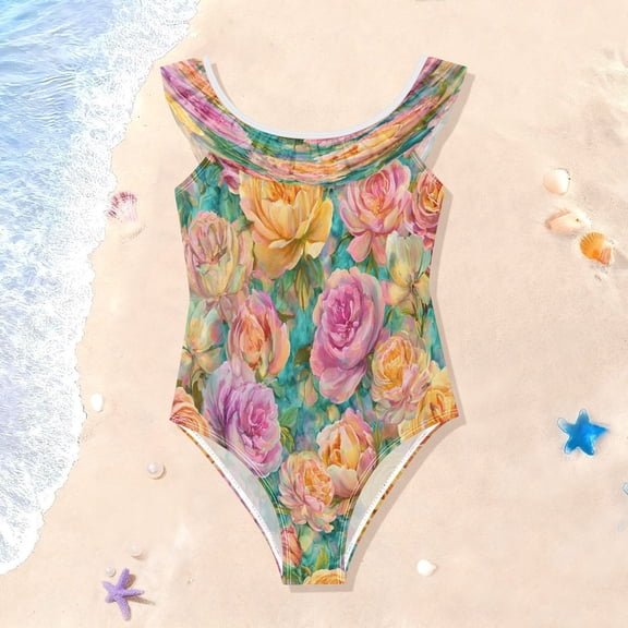 TTYFWHD Toddler Girls Ruffle One Piece Swimsuit, Stretchy Fabric for Beach & Pool Activities Peach and Turquoise Flowers