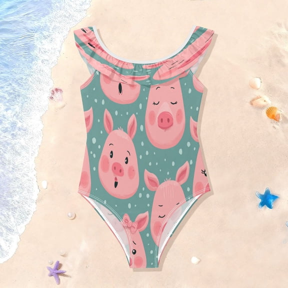 TTYFWHD Toddler Girls Ruffle One Piece Swimsuit, Stretchy Fabric for Beach & Pool Activities Piggy Moods Pattern