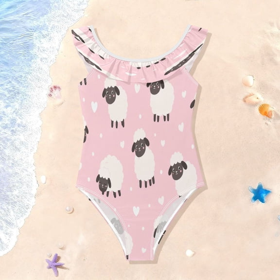 TTYFWHD Toddler Girls Ruffle One Piece Swimsuit, Stretchy Fabric for Beach & Pool Activities Pink Fluffy Sheep Pattern