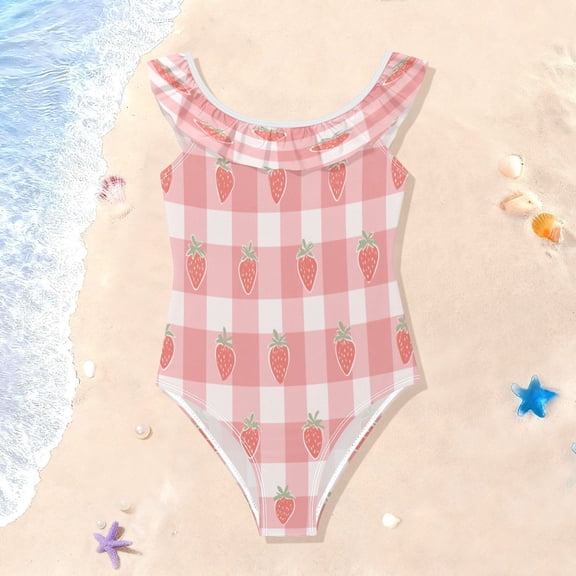 TTYFWHD Toddler Girls Ruffle One Piece Swimsuit, Stretchy Fabric for Beach & Pool Activities Pink Gingham Strawberry