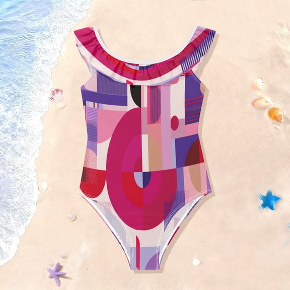 TTYFWHD Toddler Girls Ruffle One Piece Swimsuit, Stretchy Fabric for Beach & Pool Activities Pink and Purple Record Pattern