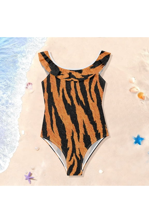 Toddler Girls Ruffle One Piece Swimsuit, Stretchy Fabric for Beach & Pool Activities Plush Tiger Stripe Pattern
