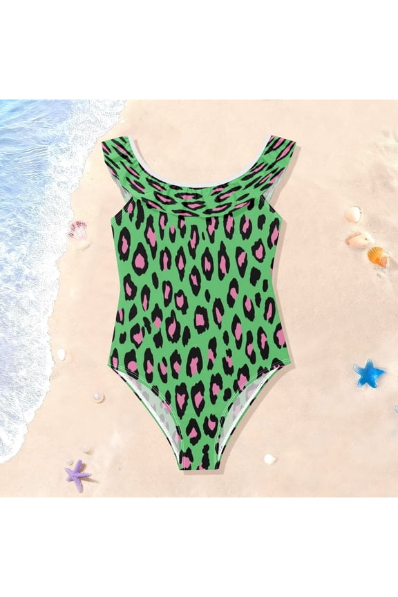Toddler Girls Ruffle One Piece Swimsuit, Stretchy Fabric for Beach & Pool Activities Powder Green Retro Leopard Print