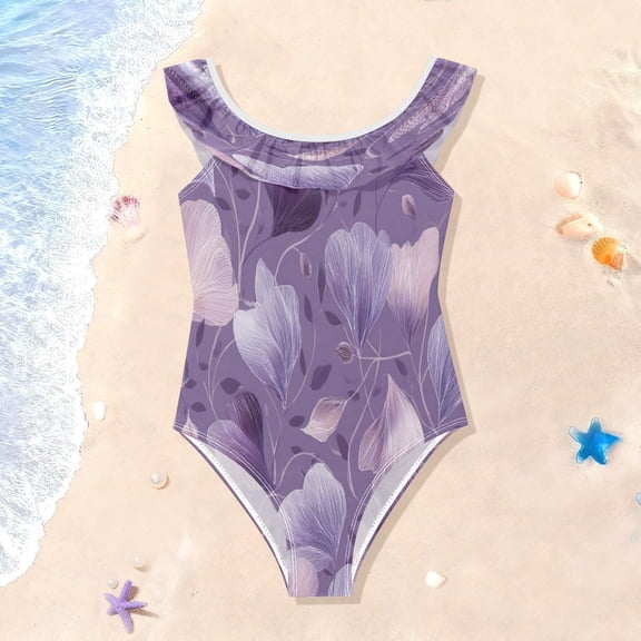 TTYFWHD Toddler Girls Ruffle One Piece Swimsuit, Stretchy Fabric for Beach & Pool Activities Ppurple Lace-like Flowers