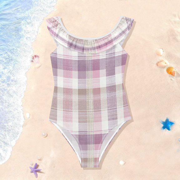 TTYFWHD Toddler Girls Ruffle One Piece Swimsuit, Stretchy Fabric for Beach & Pool Activities Purple-pink Checkered Pattern