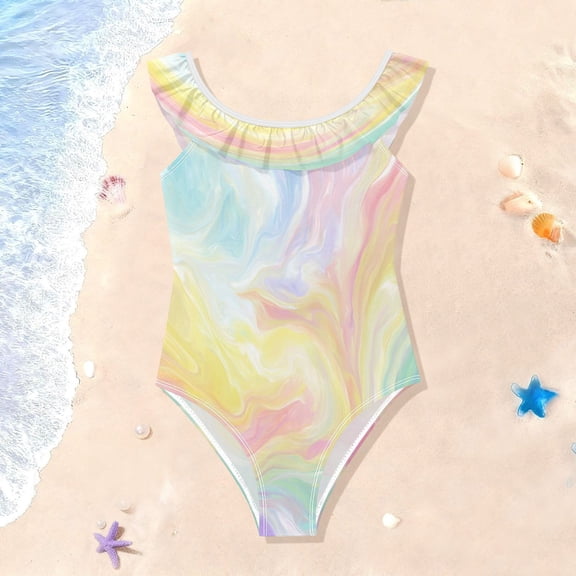 TTYFWHD Toddler Girls Ruffle One Piece Swimsuit, Stretchy Fabric for Beach & Pool Activities Rainbow Liquid Vortex