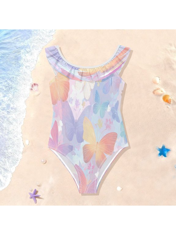 Toddler Girls Ruffle One Piece Swimsuit, Stretchy Fabric for Beach & Pool Activities Rainbow Pastel Butterfly Dance