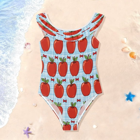 TTYFWHD Toddler Girls Ruffle One Piece Swimsuit, Stretchy Fabric for Beach & Pool Activities Red Apple Gingham Print