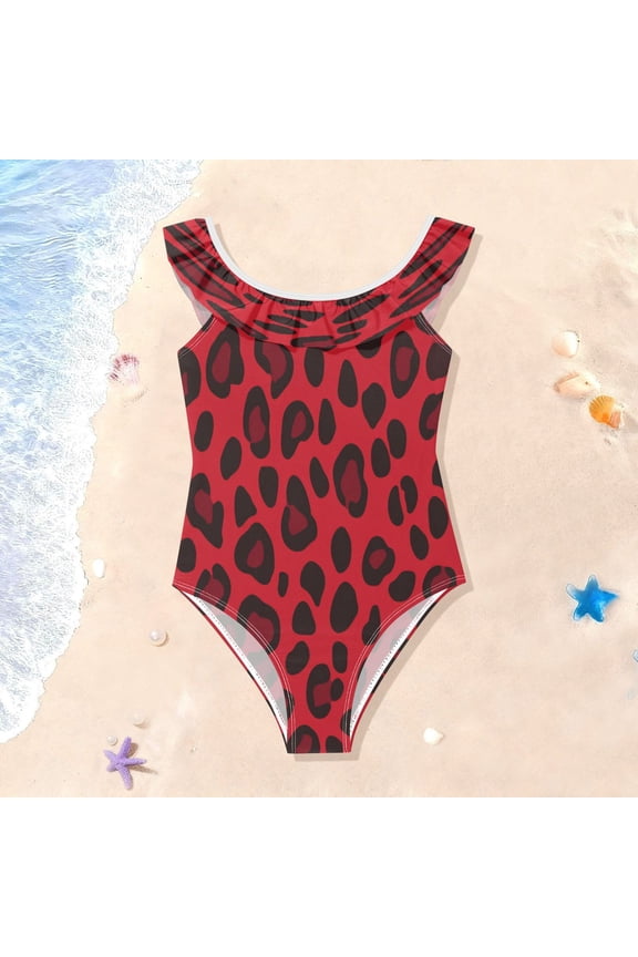 Toddler Girls Ruffle One Piece Swimsuit, Stretchy Fabric for Beach & Pool Activities Red Black Tonal Leopard Print
