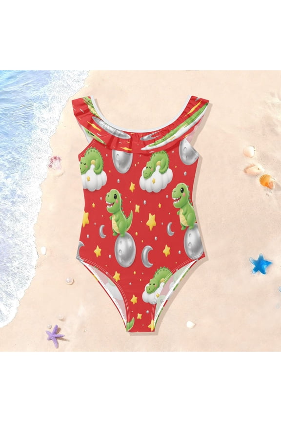 Toddler Girls Ruffle One Piece Swimsuit, Stretchy Fabric for Beach & Pool Activities Red Dino Moon Pattern
