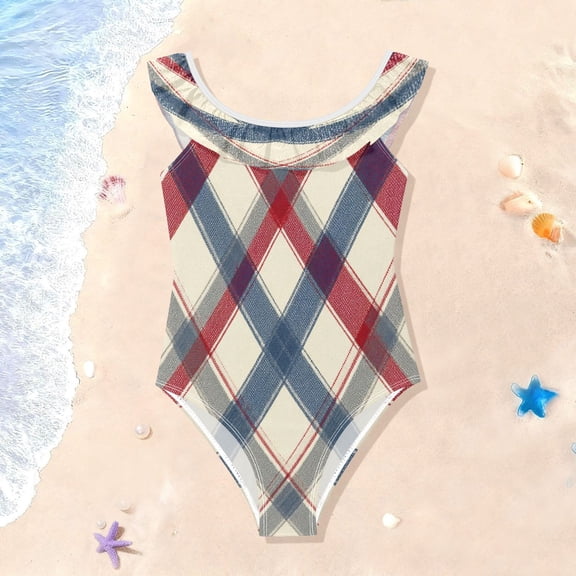 TTYFWHD Toddler Girls Ruffle One Piece Swimsuit, Stretchy Fabric for Beach & Pool Activities Red-blue Diagonal Lines