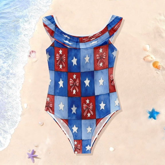 TTYFWHD Toddler Girls Ruffle One Piece Swimsuit, Stretchy Fabric for Beach & Pool Activities Retro Red Bows Pattern