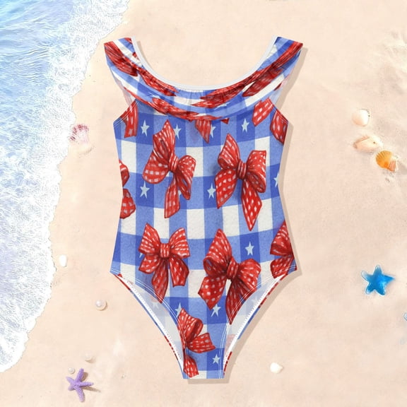 TTYFWHD Toddler Girls Ruffle One Piece Swimsuit, Stretchy Fabric for Beach & Pool Activities Retro Red Polka Dot Bows