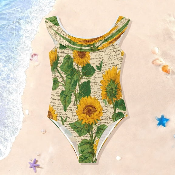 TTYFWHD Toddler Girls Ruffle One Piece Swimsuit, Stretchy Fabric for Beach & Pool Activities Retro-chic Sunflowers