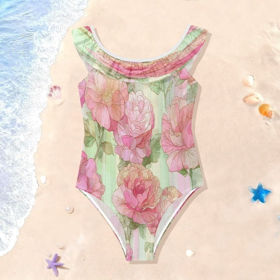 TTYFWHD Toddler Girls Ruffle One Piece Swimsuit, Stretchy Fabric for Beach & Pool Activities Roses and Peonies