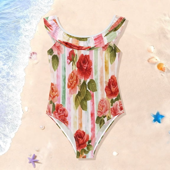 TTYFWHD Toddler Girls Ruffle One Piece Swimsuit, Stretchy Fabric for Beach & Pool Activities Roses on A Rainbow Background