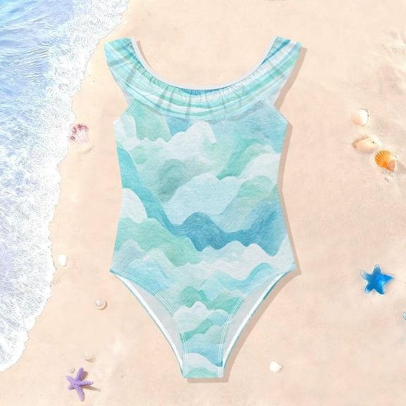 TTYFWHD Toddler Girls Ruffle One Piece Swimsuit, Stretchy Fabric for Beach & Pool Activities Serene Coastal Wave Print