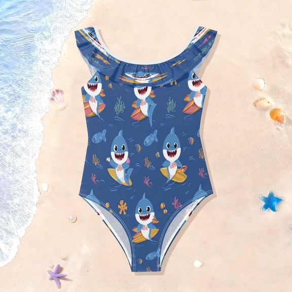 TTYFWHD Toddler Girls Ruffle One Piece Swimsuit, Stretchy Fabric for Beach & Pool Activities Shark Ocean Adventure