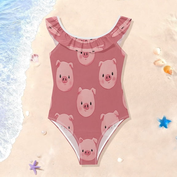 TTYFWHD Toddler Girls Ruffle One Piece Swimsuit, Stretchy Fabric for Beach & Pool Activities Simple Pink Pig Print
