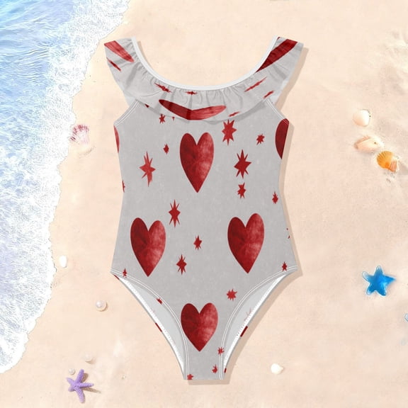 TTYFWHD Toddler Girls Ruffle One Piece Swimsuit, Stretchy Fabric for Beach & Pool Activities Simple Red Heart Pattern