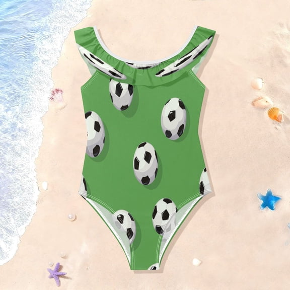 TTYFWHD Toddler Girls Ruffle One Piece Swimsuit, Stretchy Fabric for Beach & Pool Activities Soccer Balls Pattern