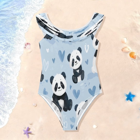 TTYFWHD Toddler Girls Ruffle One Piece Swimsuit, Stretchy Fabric for Beach & Pool Activities Soft Blue Panda Print