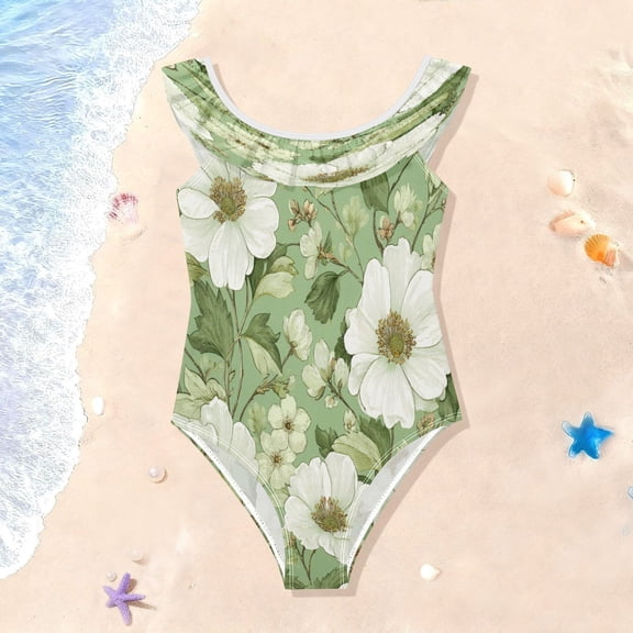 TTYFWHD Toddler Girls Ruffle One Piece Swimsuit, Stretchy Fabric for Beach & Pool Activities Soft Green Floral Seamless