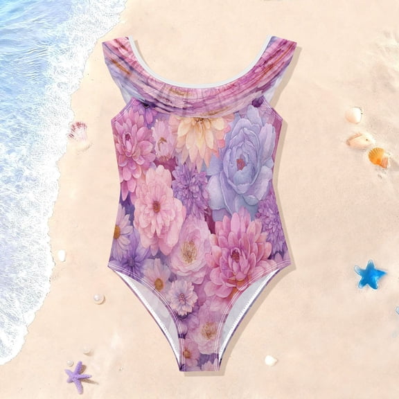 TTYFWHD Toddler Girls Ruffle One Piece Swimsuit, Stretchy Fabric for Beach & Pool Activities Soft Hue Florals