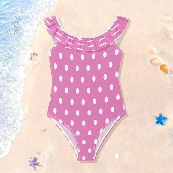 TTYFWHD Toddler Girls Ruffle One Piece Swimsuit, Stretchy Fabric for Beach & Pool Activities Soft Pink Polka Dot
